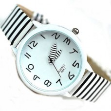 Fashion Concise Men's Navy Stripes White PU Leather Alloy Dial Quartz Wrist Watch